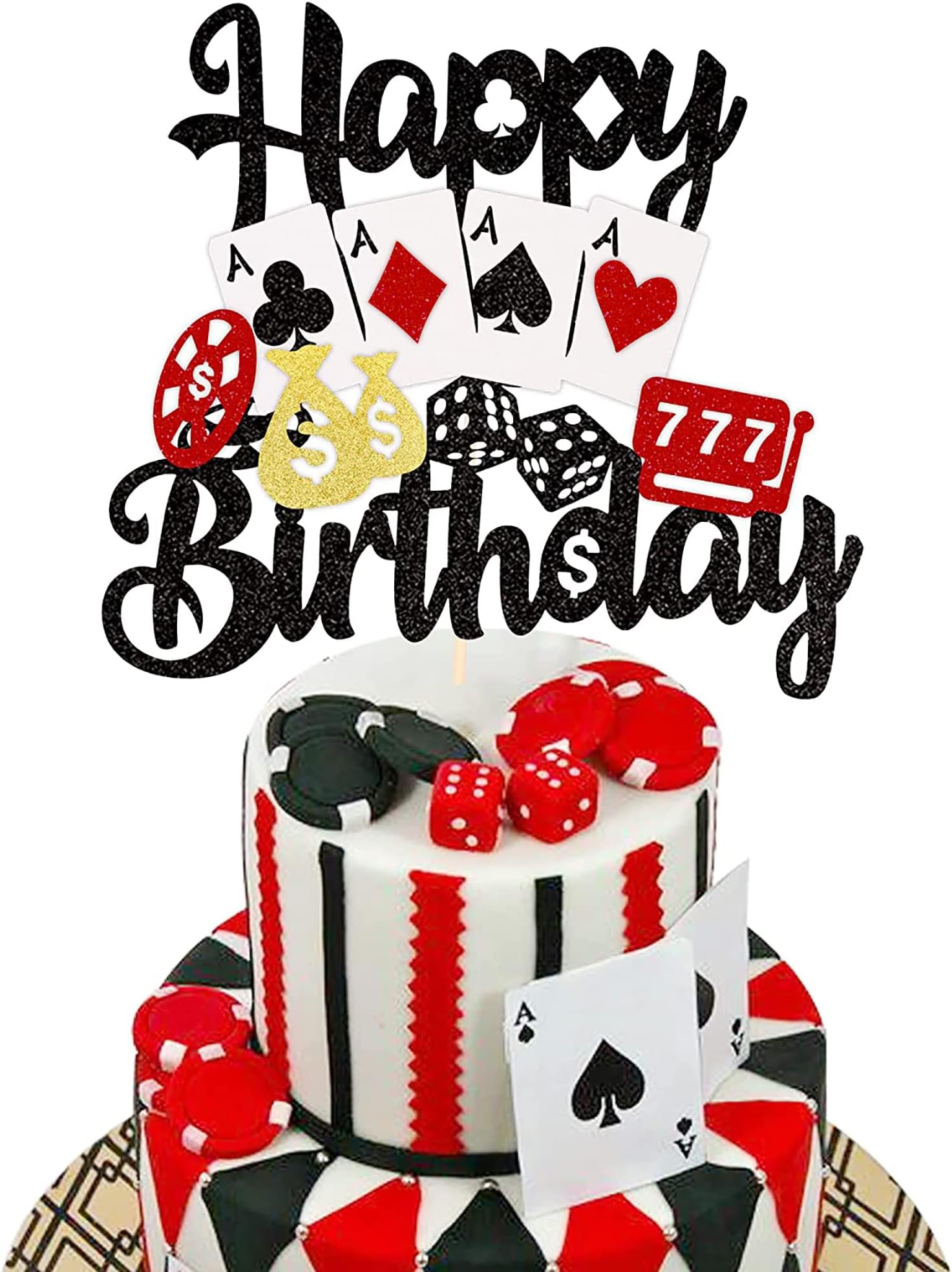 1 PCS Casino Cake Topper Poker Game Chips Player Happy Birthday Cake Pick Decorations for Las Vegas Casino Night Theme Birthday Party Supplies