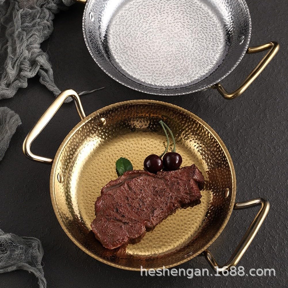 Paellera de acero inoxidable con base plana, sartén gruesa para gas e inducción, vajilla coreana con asas ergonómicas para guisar y freír, 35,5 x 29 x 4,5 cm (plateado)