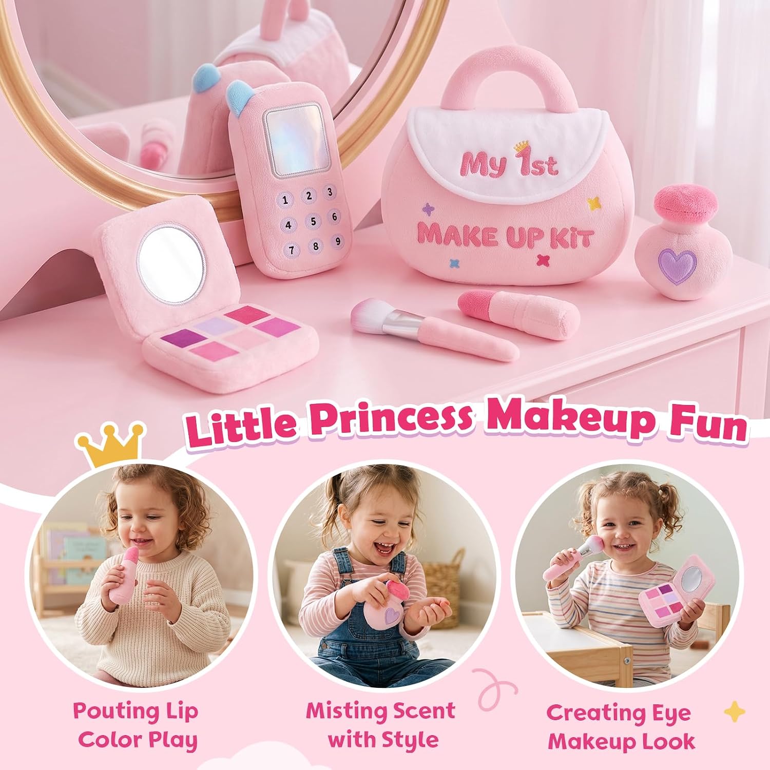 My 1st Purse Plush Toy Playset for Baby Girls,Toddlers 1-3 Years | Plush Phone Lipstick Perfume Eyeshadow Brush Sensory Make Up Toys for Baby Girls Toddlers First Birthday Gifts