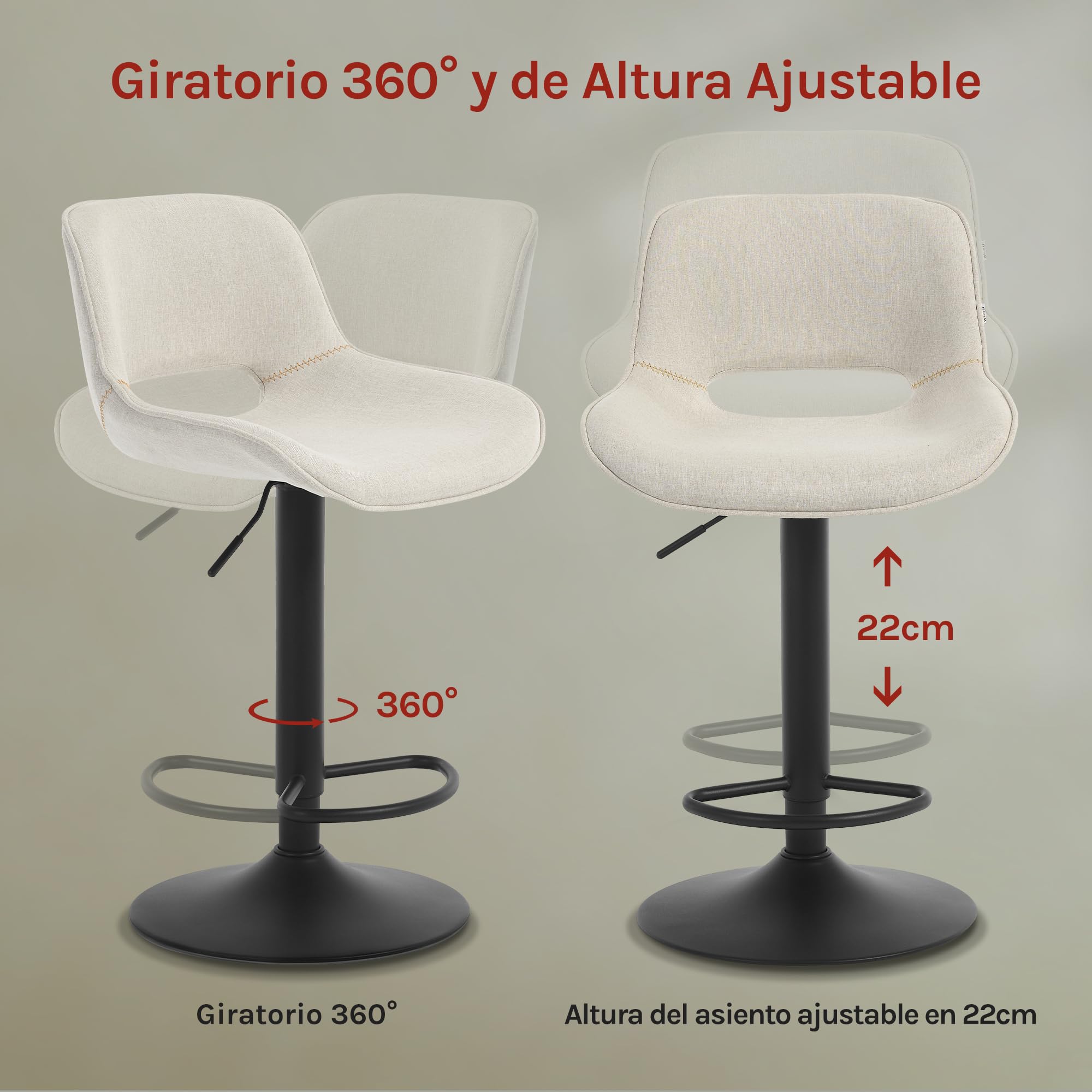 WOLTU 2X Taburetes de Bar, con Reposapies Tela, Beige | para Comedor, Salón y Cafetería