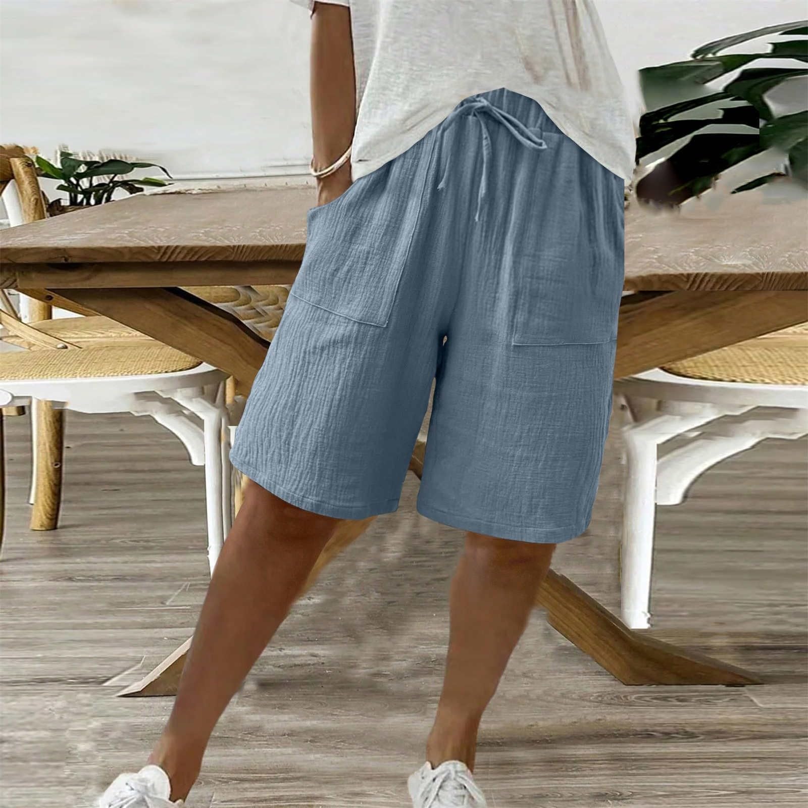APRDFEU Bermuda Shorts for Women Knee Length High Waisted Baggy Shorts with Pockets Cotton Linen Summer Casual Lounge Outfits — view 3