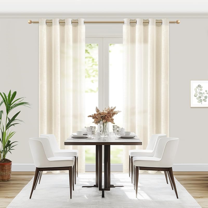 MRTREES Félátlátszó Voile Függöny Szett, Len Hatású Fényáteresztő Függöny Karikás, Krémfehér, 280×140 cm, 2 db, Nappaliba, Hálóba