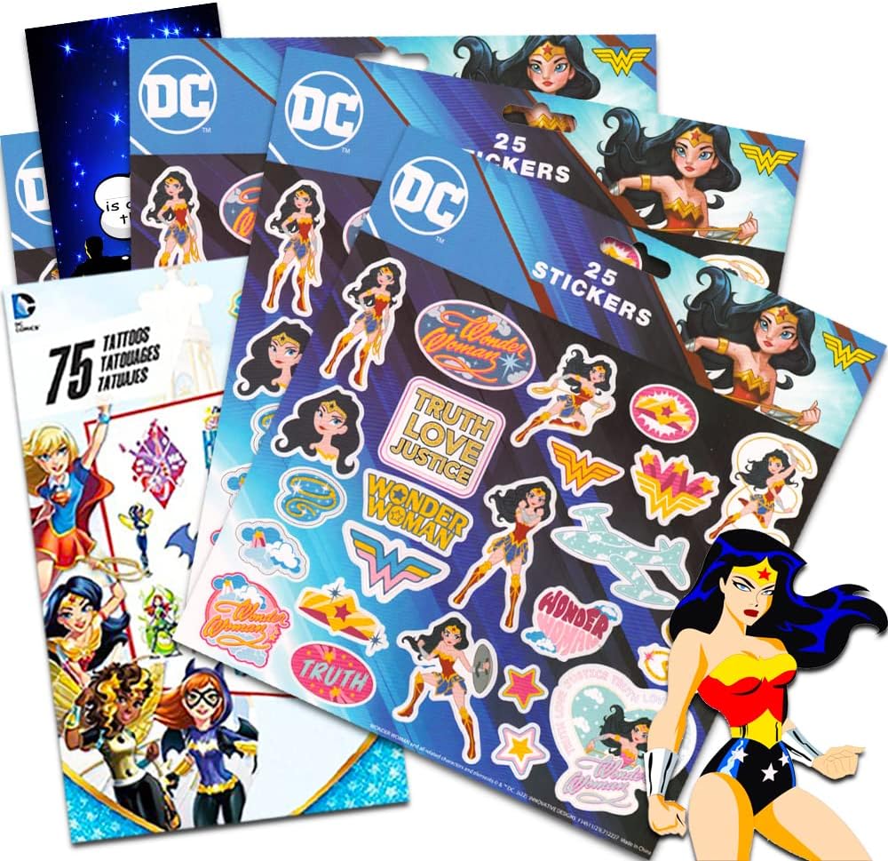 Wonder Woman Stickers and Tattoos Party Favors Set ~ 100 Stickers, 75 Temporary Tattoos, and Superhero Door Hanger (Wonder Woman Party Supplies)