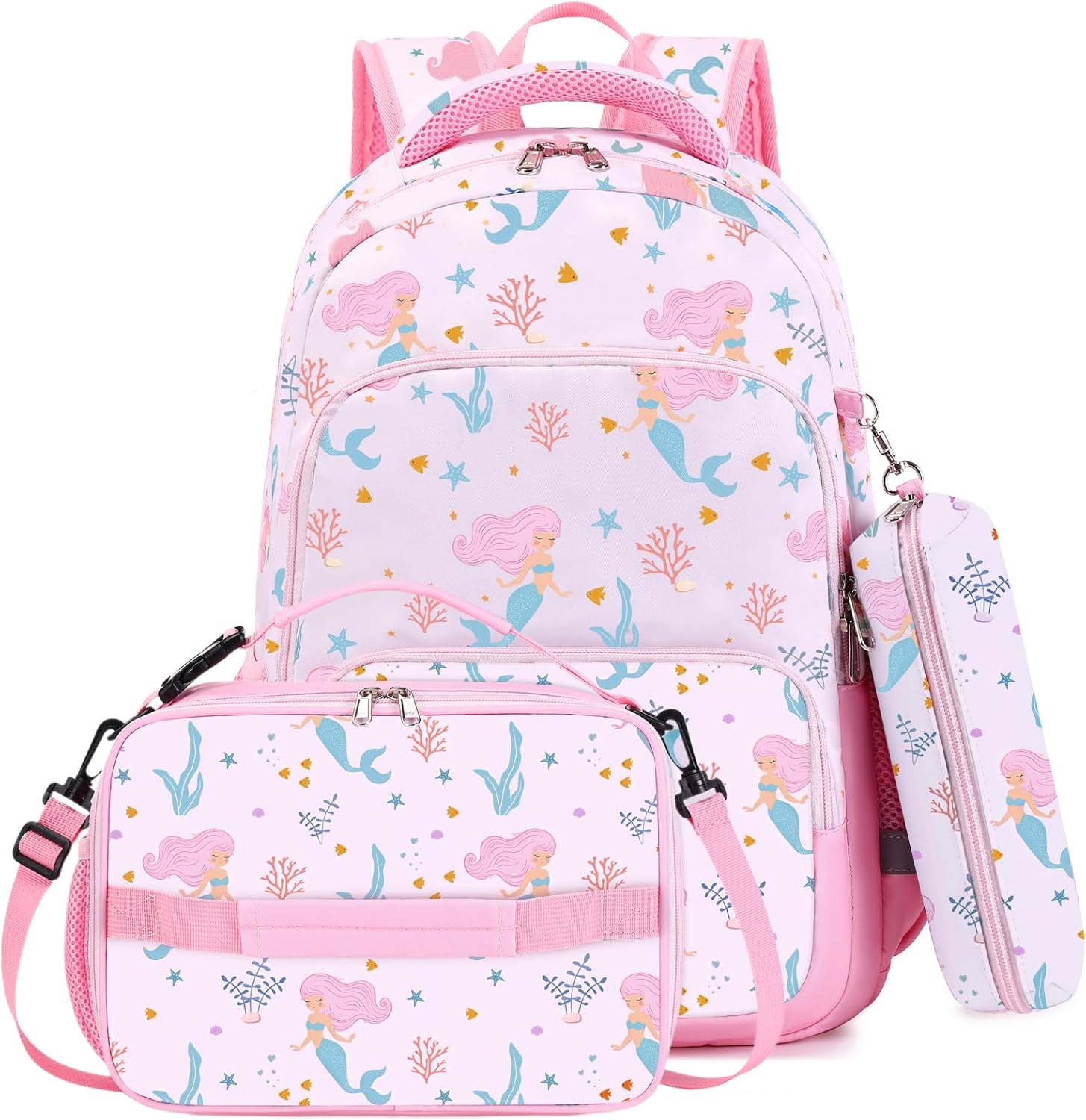 mygreen 3PCS Kids Backpack Set - Waterproof Bookbag with Lunch Box for Girls Ages 3-12, Adorable Cartoon Prints for School & Outdoor Use Light Pink Mermaid