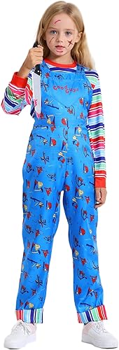 Disfraz de Halloween Chuckyy para niños, diseño de película de miedo, pesadilla, cosplay, overol azul, camisa a rayas con accesorios