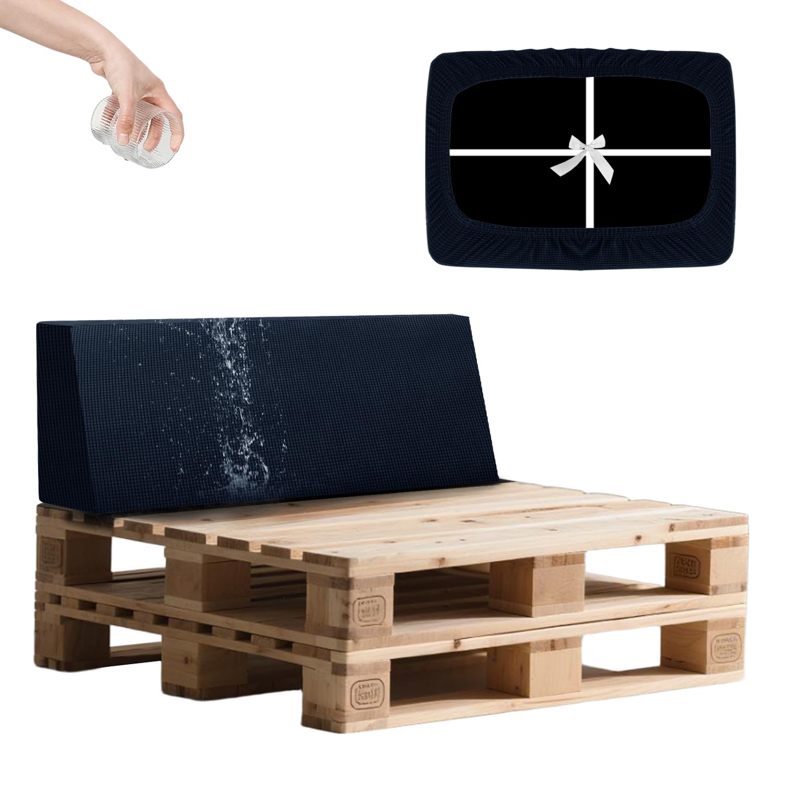 SYLC Waterproof Pallet Cushions Covers, Stretch Cover for Pallet Furniture Cushions with 4 Ties, Outdoor Corner Sofa Covers for Rattan Patio Garden Caravan (Navy,Back 120×40×10/20cm)