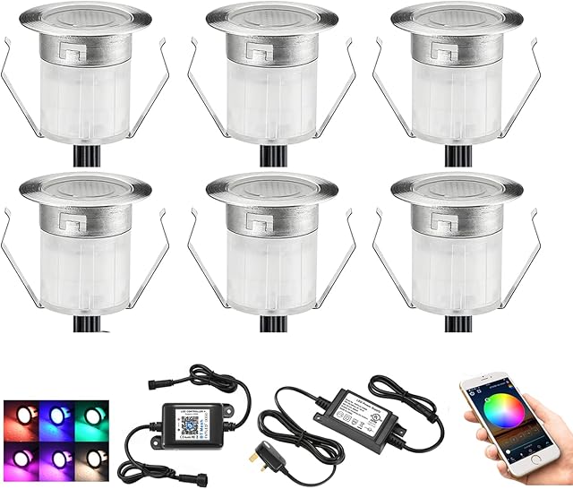 GEYUEYA Home RGB Decking Lights Kit, Ø30MM 12V 0.5W Bluetooth APP Control LED Pathway Lighting Color Changing for Steps Stair Patio Floor Pool Deck Outdoor LED Landscape Lighting - 6 Packs