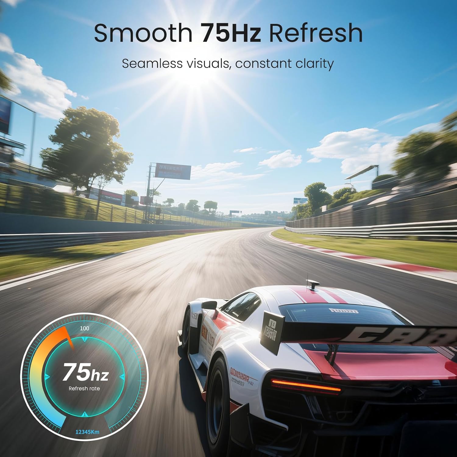 Graphic illustrating a 75Hz refresh rate with a speedometer-like dial, emphasizing smooth visuals.