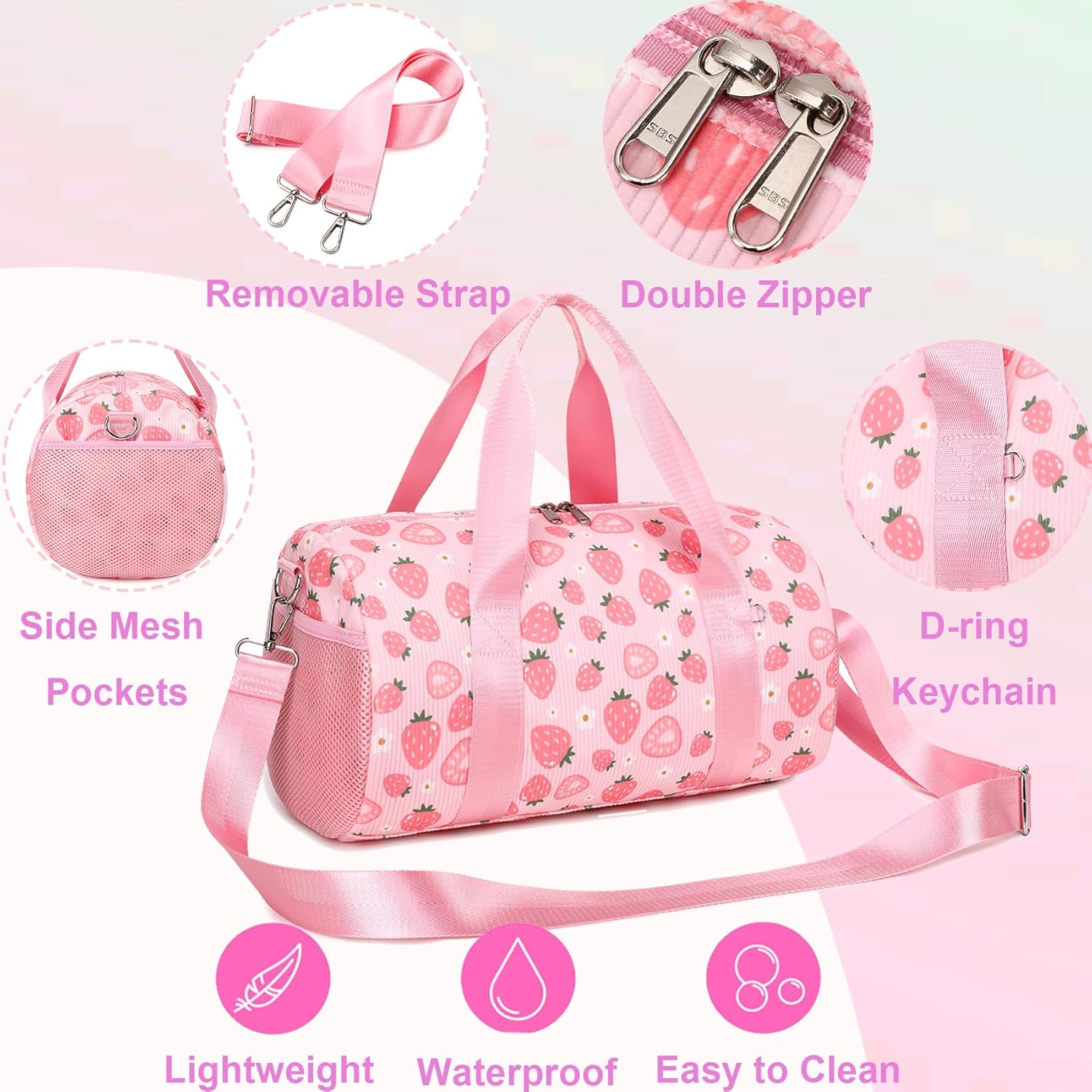 Dance Ballet Bag for Girls 4-6 Ballerina Gymnastic Bag Toddler Small Duffle Dance Bags for Little Dancers,Strawberry Corduroy Material,14"*8.26"*8.26" - Image 5