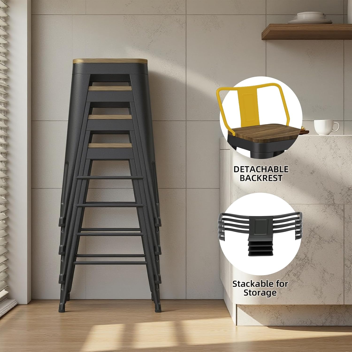 Swivel Bar Stools Set of 4, 24" Counter Height Barstools with Low Back, Industrial Metal Bar Stools with Large Wooden Seat for Kitchen Island (Matte-Black)