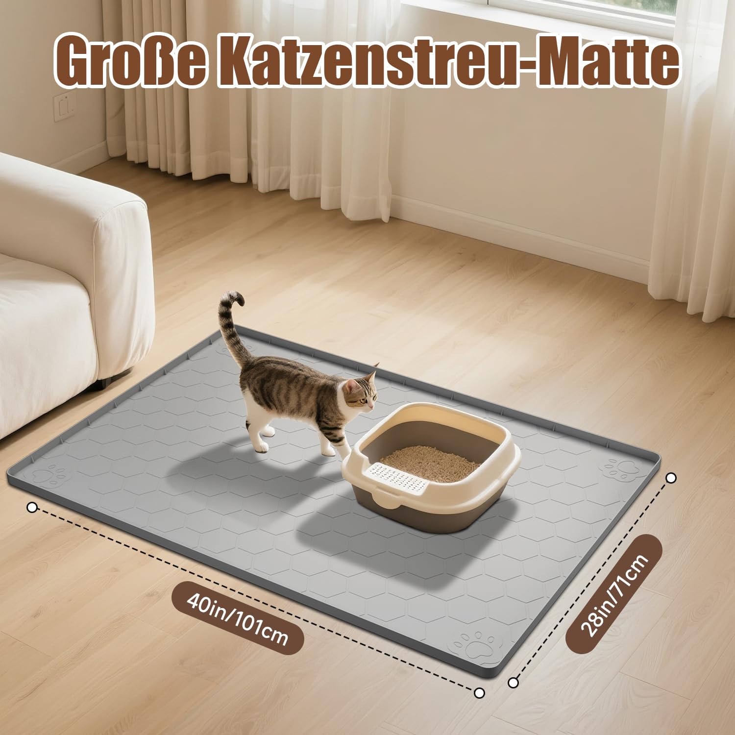 Wielka XXL Mata do Kuwety dla Kotów 101x71cm, Mata do Żwirku dla Kotów z Silikonu Bezpiecznego dla Żywności, Wodoszczelna i Odporna na Mocz Mata do Kuwety dla Kotów, Antypoślizgowa, Bez
