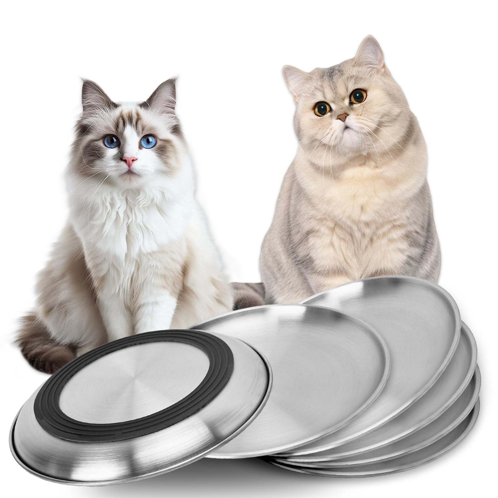 ELISABE Stainless Steel Cat Bowl, 6.7" Shallow Cat Dishes with Non-Slip Base, Whisker Fatigue Metal Kitten Plates for Indoor Food Feeding(6 PCS)