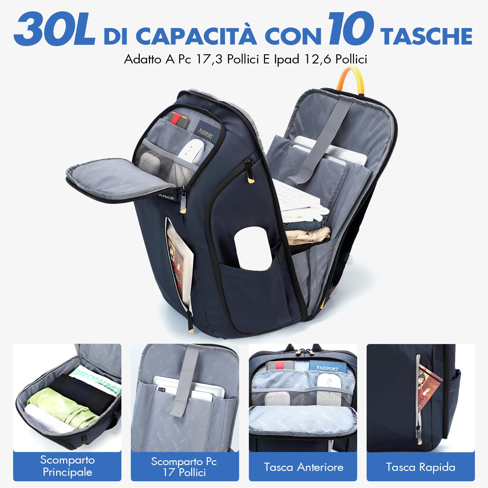 Ponhog Zaino Uomo Porta PC 17 Pollici - Zaino da Viaggio 900D Idrorepellente, Apertura 180° e Design Antifurto, Capacità 30L, Blu