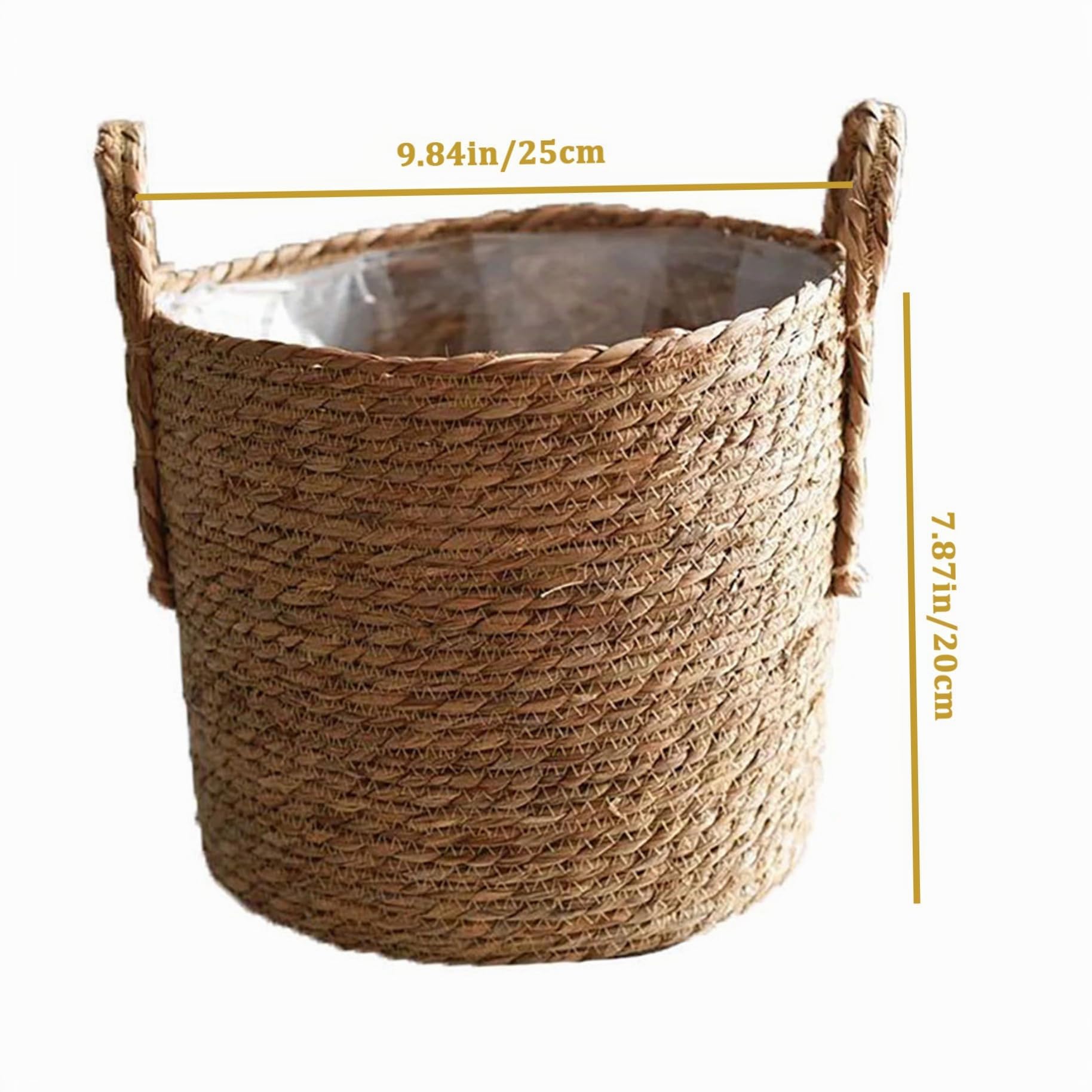 Panier végétal tissé, paniers de jardinières intérieurs de 25 cm Récipient de Rangement tissé avec doublures en Plastique Paille de Paille pour la Maison, S