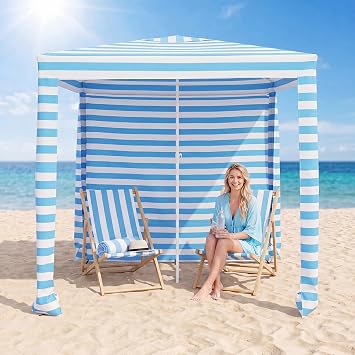 Tangkula Beach Cabana, 6.5 FT x 6.5 FT Easy-Setup Beach Sun Shelter with Detachable Side Wall, 4 Sandbags, Air Vent, Carry Bag, Foldable Portable Beach Tent for Family