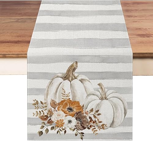Camino de mesa de otoño de 13 x 36 pulgadas, calabazas con flores a rayas grises, decoración de mesa para cosecha de temporada, otoño, Acción de