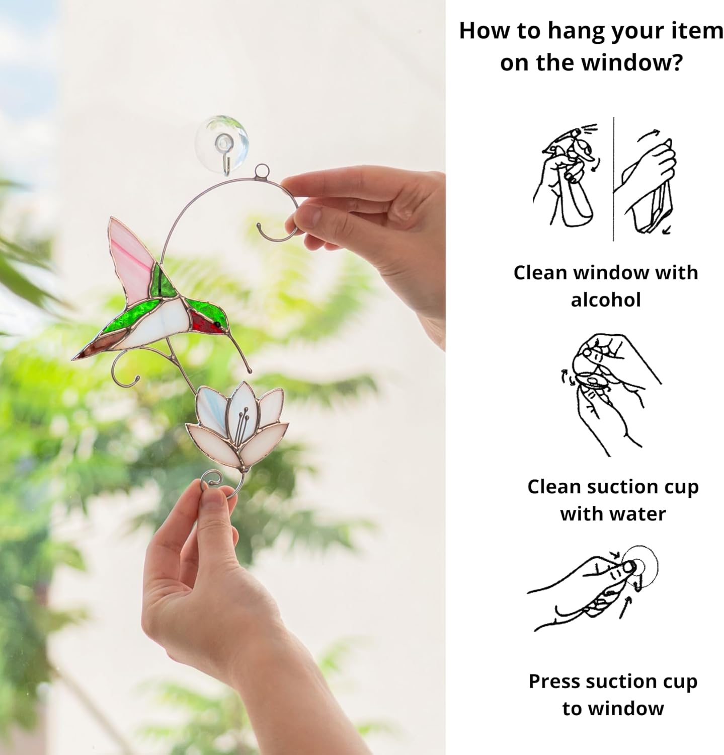 Green Hummingbird Handmade Stained Glass Suncatcher Genuine Stained Glass Window Hanging Unique Indoor Ornament & Outdoor Decor (Hummingbird with Lotus)