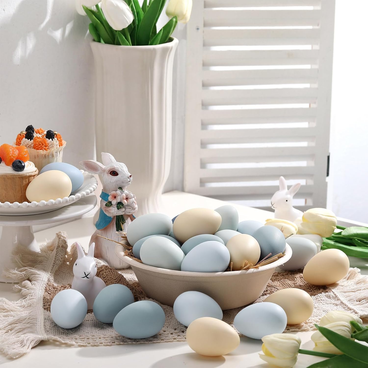 Gejoy 24 Pcs Neutral Easter Eggs Plastic Fake Chicken Eggs 2.36 Inch Vintage Boho Easter Decor Pastel Bowl Vase Fillers Farmhouse Spring Decorations for Home Table DIY Craft (Pastel)