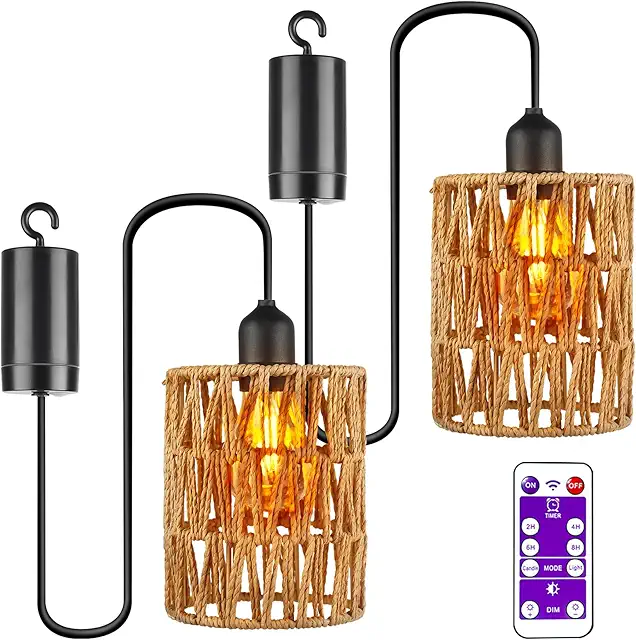 2 Pcs Rattan Pendant Lights with Battery - Waterproof Outdoor & Indoor Hanging Lamps
