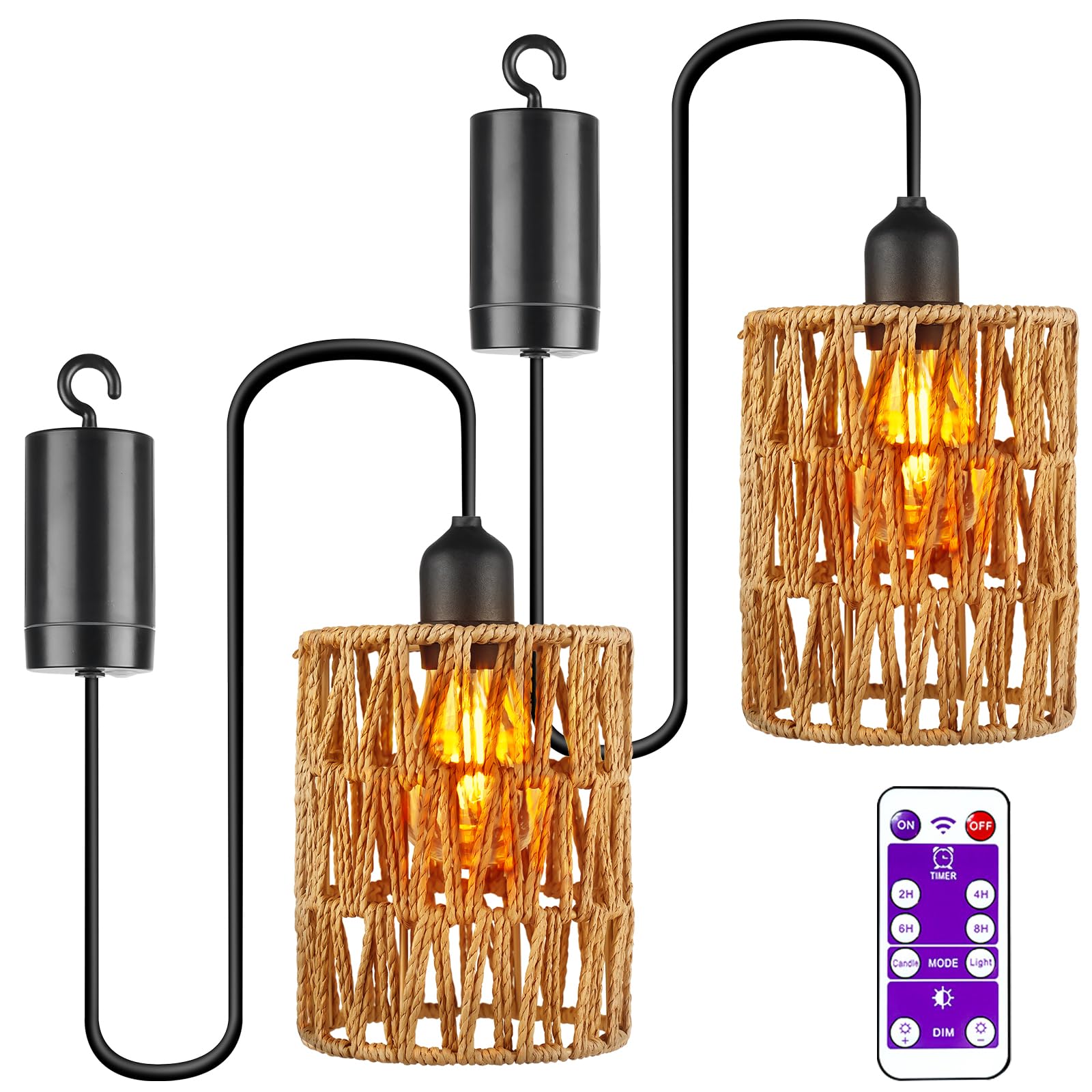 GAOUTO 2 Stück Hängeleuchte Rattan, E27 Outdoor Beleuchtung Hängelampe mit Batterie, Tragbare Boho Rattan Lampenschirm, Hängelampe Outdoor für Patio Bar Garten Terrasse Wohnzimmer Schlafzimmer