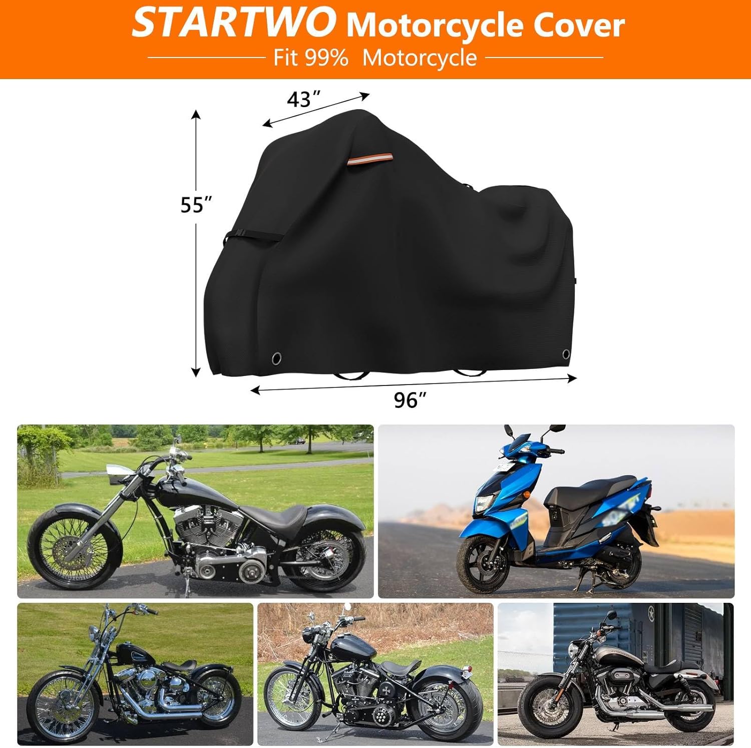 STARTWO Motorcycle Covers Waterproof Outdoor Storage Heavy Duty All Season Universal Vehicle Cover Adventure Series and Most Motorcycles 96"x43"x55" Black