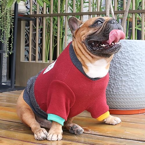 Miniatura 5 de iChoue Suéter de cuello redondo para perro con bloques de color, ropa cálida de invierno para bulldog francés, cachorro de pug francés, rojo y