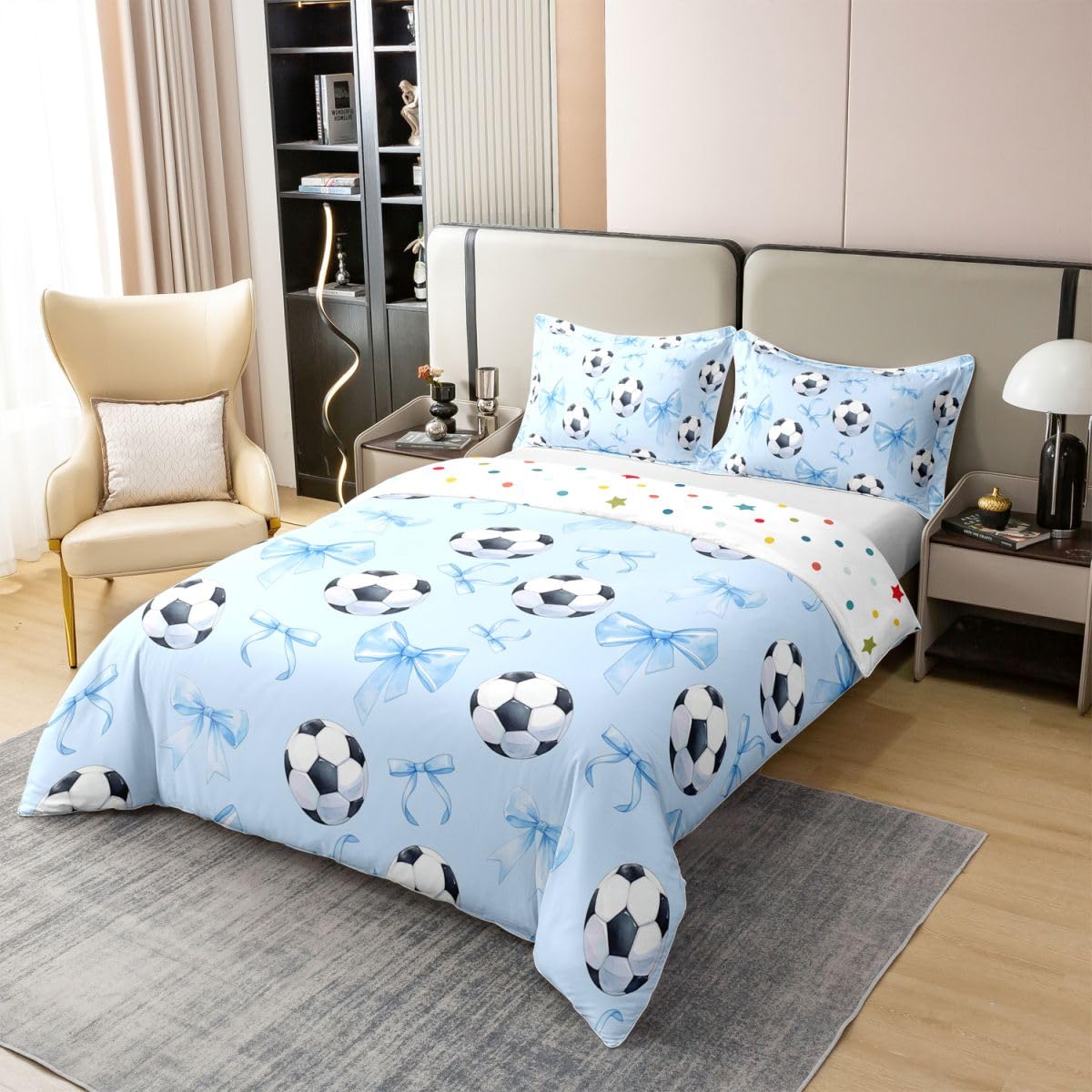 Homewish Gra w piłkę nożną pojedyncza poszewka na kołdrę z 1 poszewką na poduszkę - bawełna miłośnik piłki sportowej zestaw pościeli niebieska wstążka kokardka poszewka na kołdrę zestawy łóżek