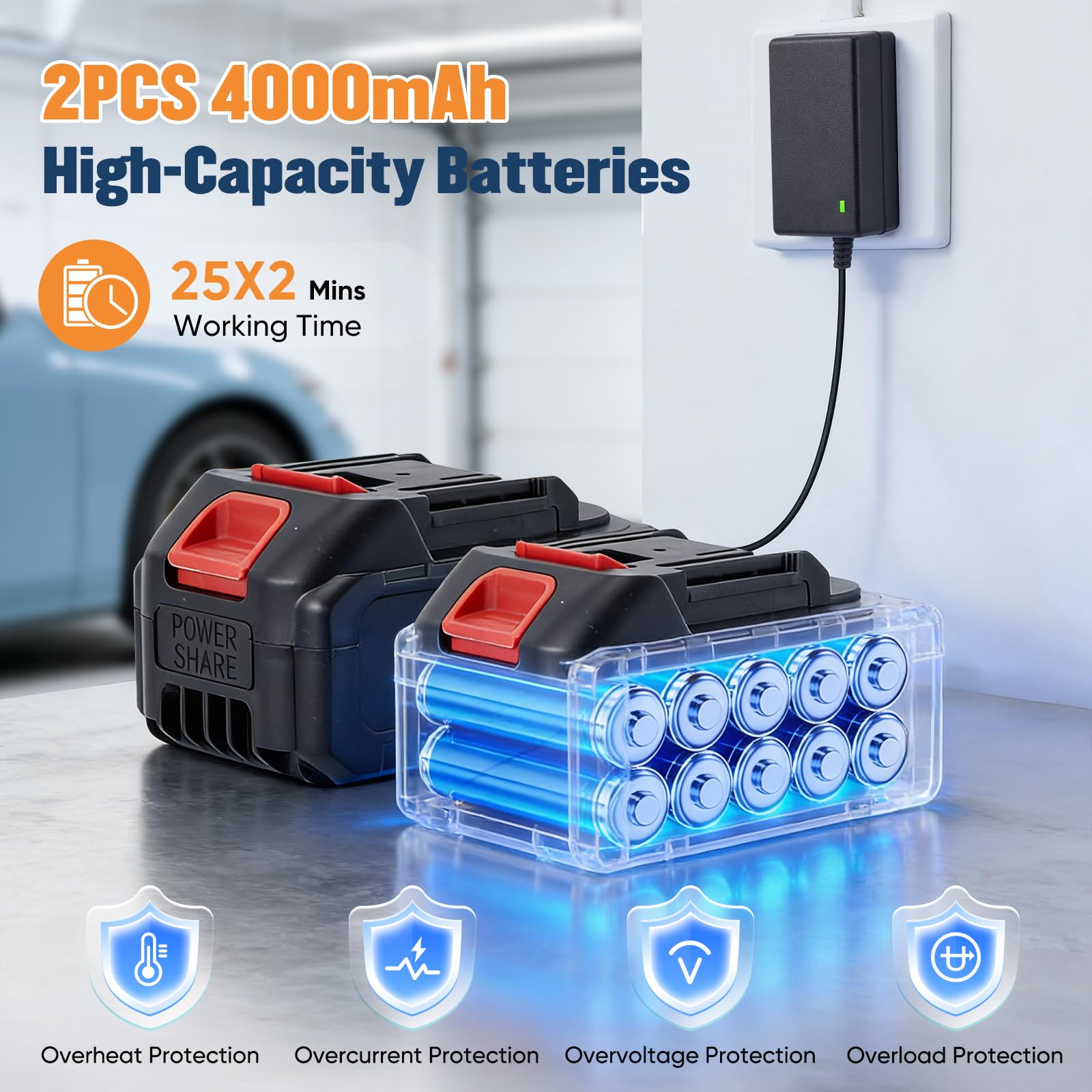 Nettoyeur Haute Pression sans Fil, 83 Bars, Portable, avec 2 Batteries de 4000 mAh, buse réglable 6 en 1, Nettoyage Ultra-Puissant, Tuyau de 8.5M pour Le Nettoyage de la Voiture et du Jardin