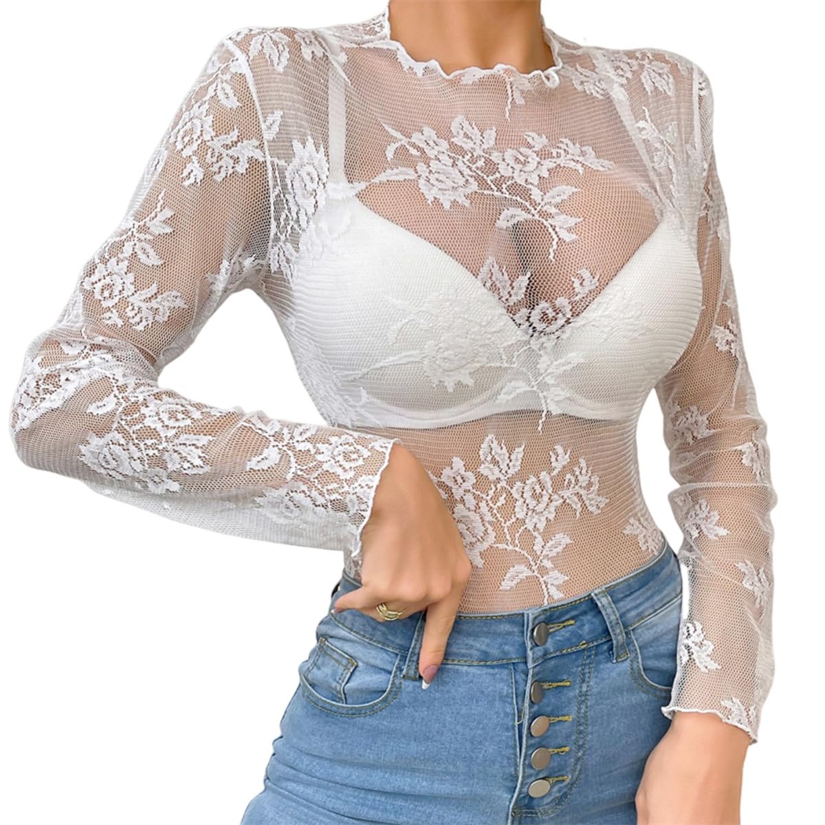 Hybursky Women's White Sexy Sheer Lace Rose Top For See Through Mock Neck Long Sleeve Mesh T-Shirt Embroidered Flower Base Shirt Casual Lady Blouse Going Out Tops Clubwear Streetwear (-Xl)