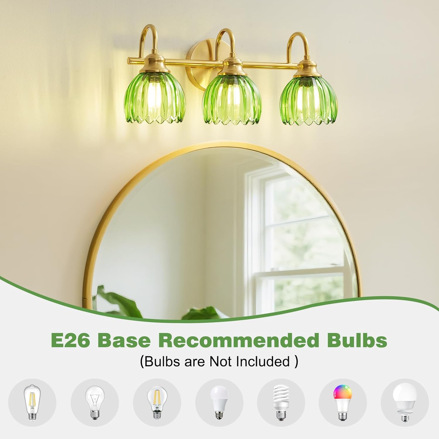 Vintage Bathroom Light Fixtures Gold, 3 Light Vanity Light with Green Glass Shade,E26 Base Bathroom Lighting Fixtures Over Mirror,Dimmable Vanity Lighting Fixtures for Restroom,Vanity,Mirror