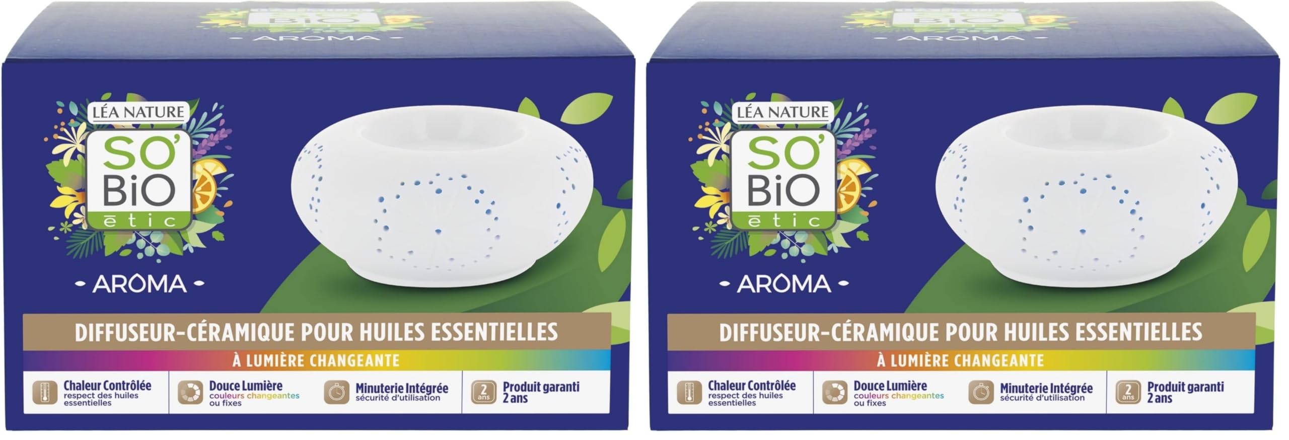 So'Bio étic - Diffuseur d'huiles essentielles en céramique - lumière Changeante (Lot de 2)