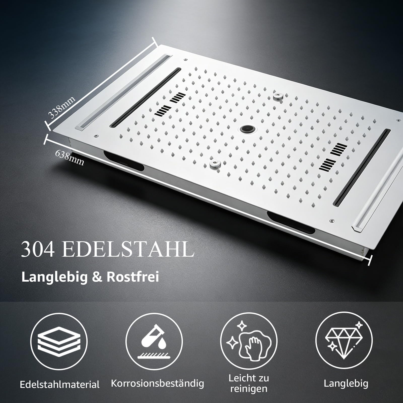 Musik Duschgarnitur mit Regendusche ohne Armatur Duschsystem Mit Thermostat 64 Farben LED Duschgarnitur aus Messing, 638x338mm 5 Modi Duschkopf und Handbrause (Chrom)