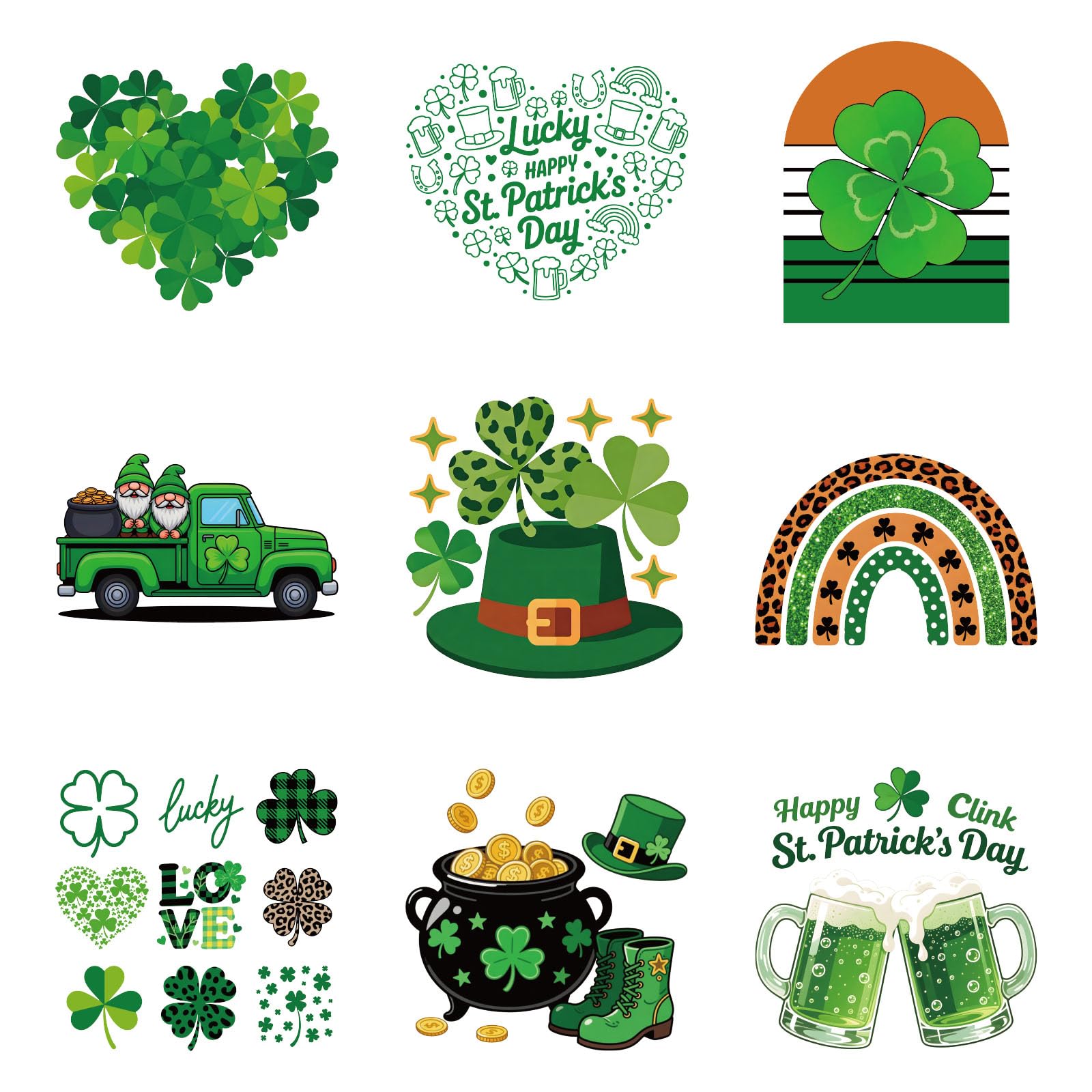 SUPERDANT 9PCS Iron On Transfer Paper Heart Shaped Leaves Clover Heat Transfer Sticker St. Patrick's Day Hot Press Patch Decals Applique DIY Decoration for Clothes T-Shirts Cushion and Canvas Bags