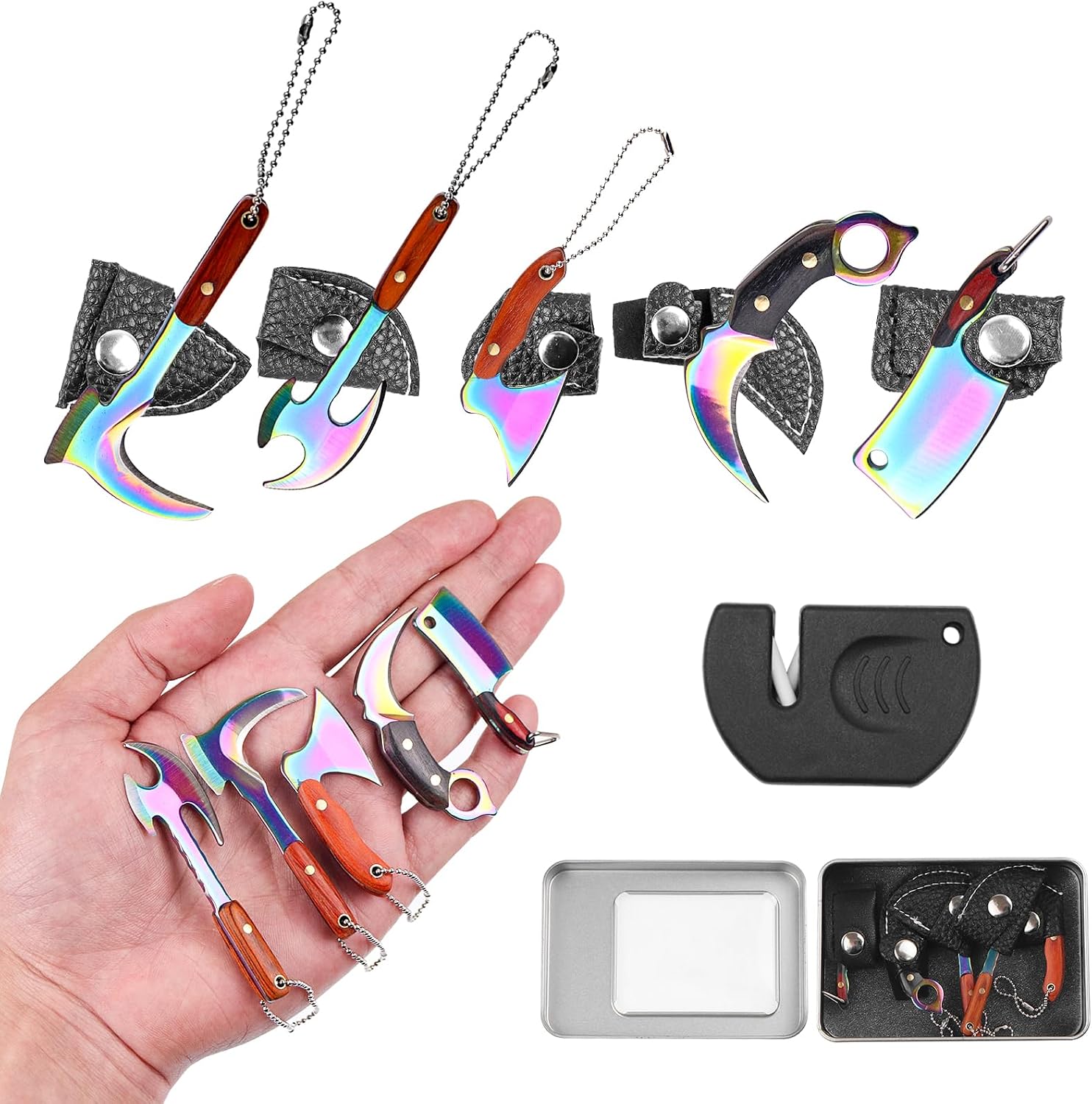 5Pcs/Set Mini Knives Set with Sheath and Sharpener (Rainbow)