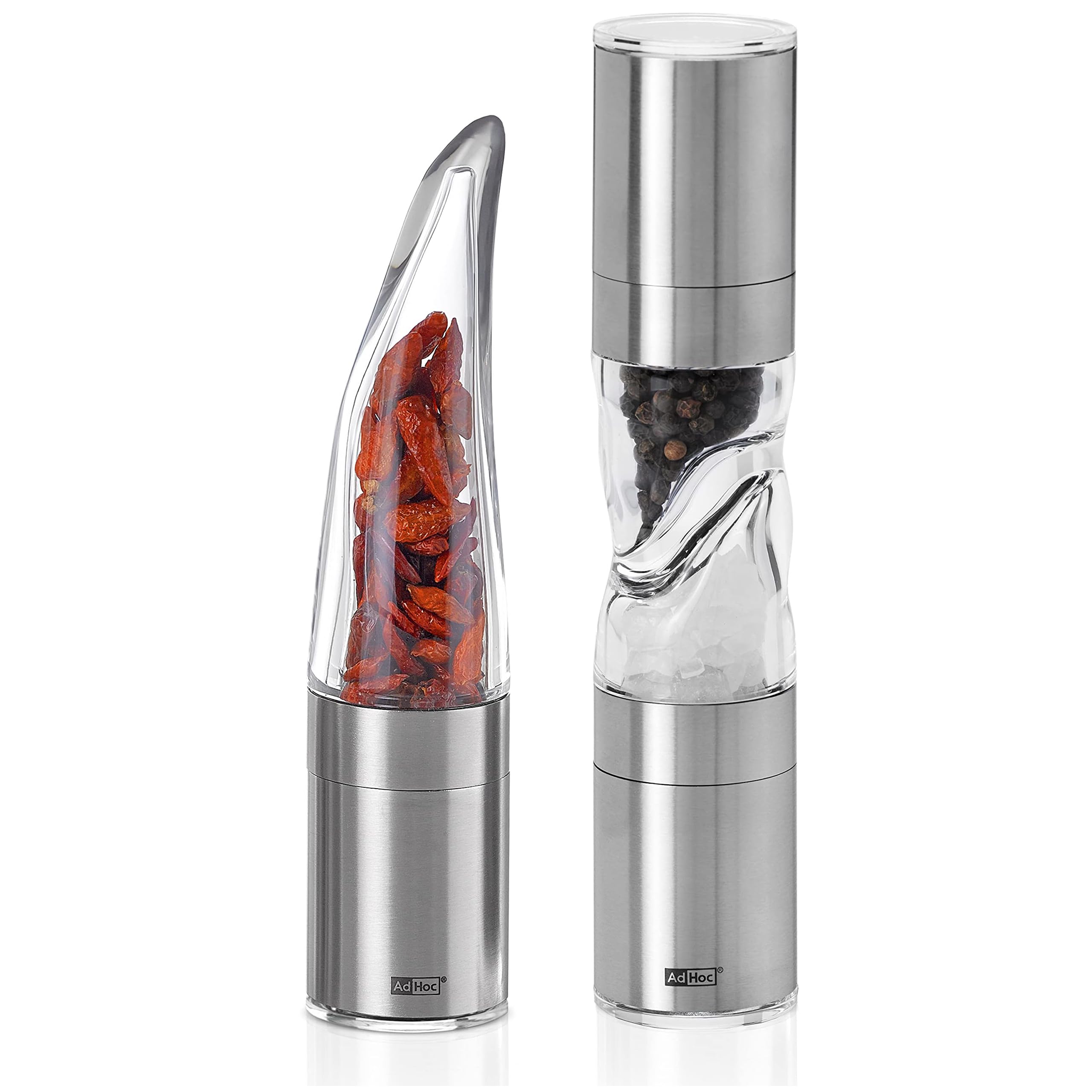 AdHoc Geschenkset Groß: Chilischneider Pepe & Doppelmühle Duomill Pure – Manuelle Chilimühle mit Edelstahl-SchneidWerk & stilvolle Salz- und Pfeffermühle im passenden Design für Genießer