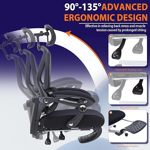 Miniatura 4 de Silla de oficina ergonómica de malla de 500 libras con reposapiés, silla de escritorio de computadora de respaldo alto con soporte lumbar ajustable,