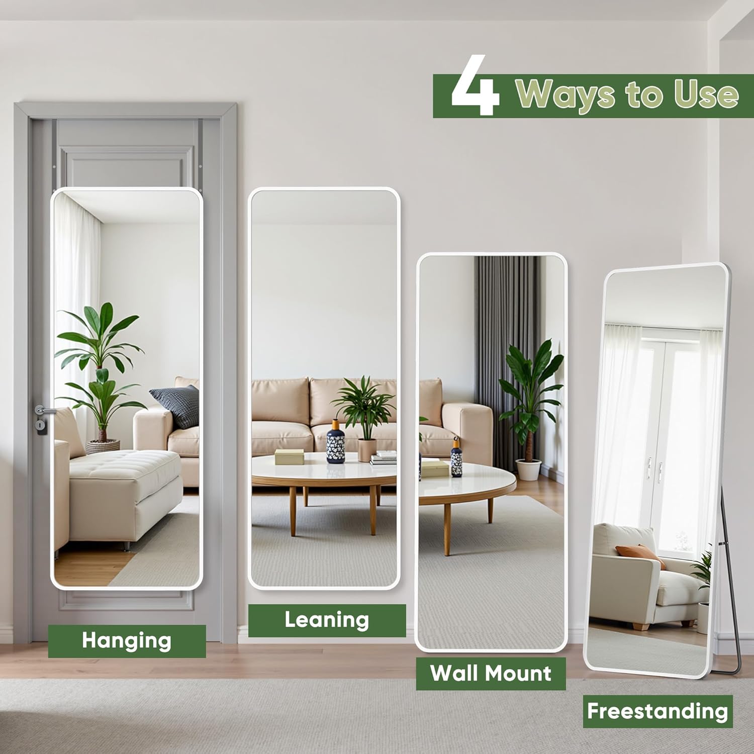 Suidia 48"x14" Door Hanging Full Length Mirror, Floor Mirror Freestanding,Full Body Mirrors with Adjustable Stand for Bedroom Living Room Cloakroom, Rectangle Rounded, White