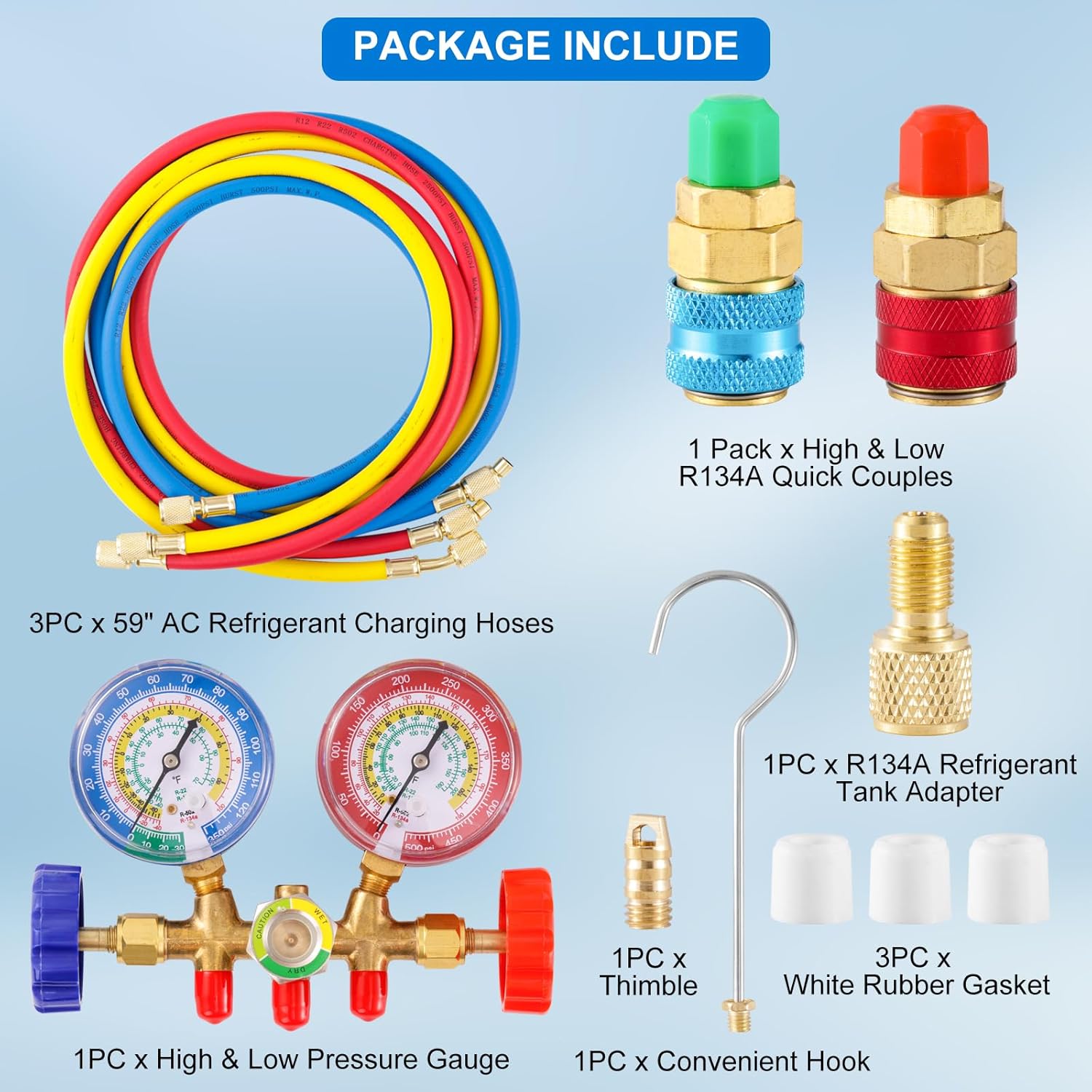 3 Way AC Manifold Gauge Set, 5FT Diagnostic Manifold Freon Gauge Set with High and Low R134A Quick Couple Adapter, Refrigerant Tank Adapter for R410A R134A R22 R12 HVAC System