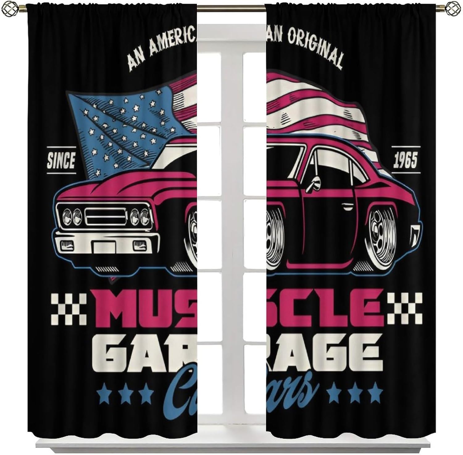 Vintage Car Curtains, Retro1960s American Flag Muscle Garage Gas Rod Pocket Window Treatments for Bedroom Living Room, 42" W X 63" L