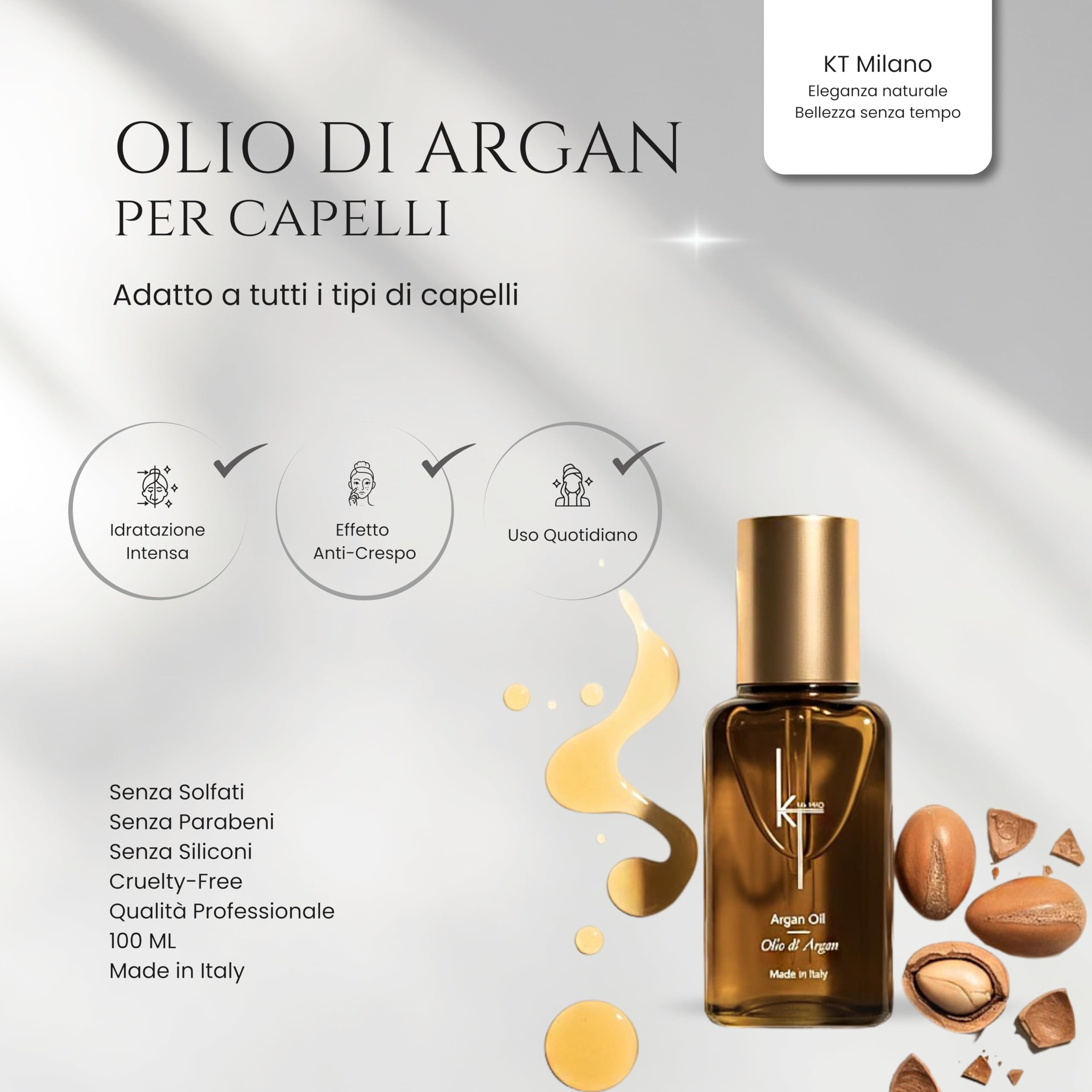 Olio di Argan Capelli 100ml – Anti Crespo Lucidante e Nutriente – Termoprotettore, Ripara Punte Secche e Doppie – Effetto Setoso, Capelli Morbidi e Brillanti, Tutti i Tipi di Capelli