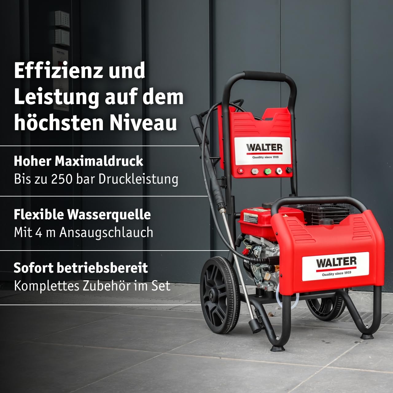 WALTER Benzin Hochdruckreiniger, Terrassenreinger, 250 bar, 7 PS Viertaktmotor, 208 CCM, inkl. Zubehör: 6m Hochdruckschlauch, 4m Ansaugschlauch, 5 Düsen, Vollgummiräder