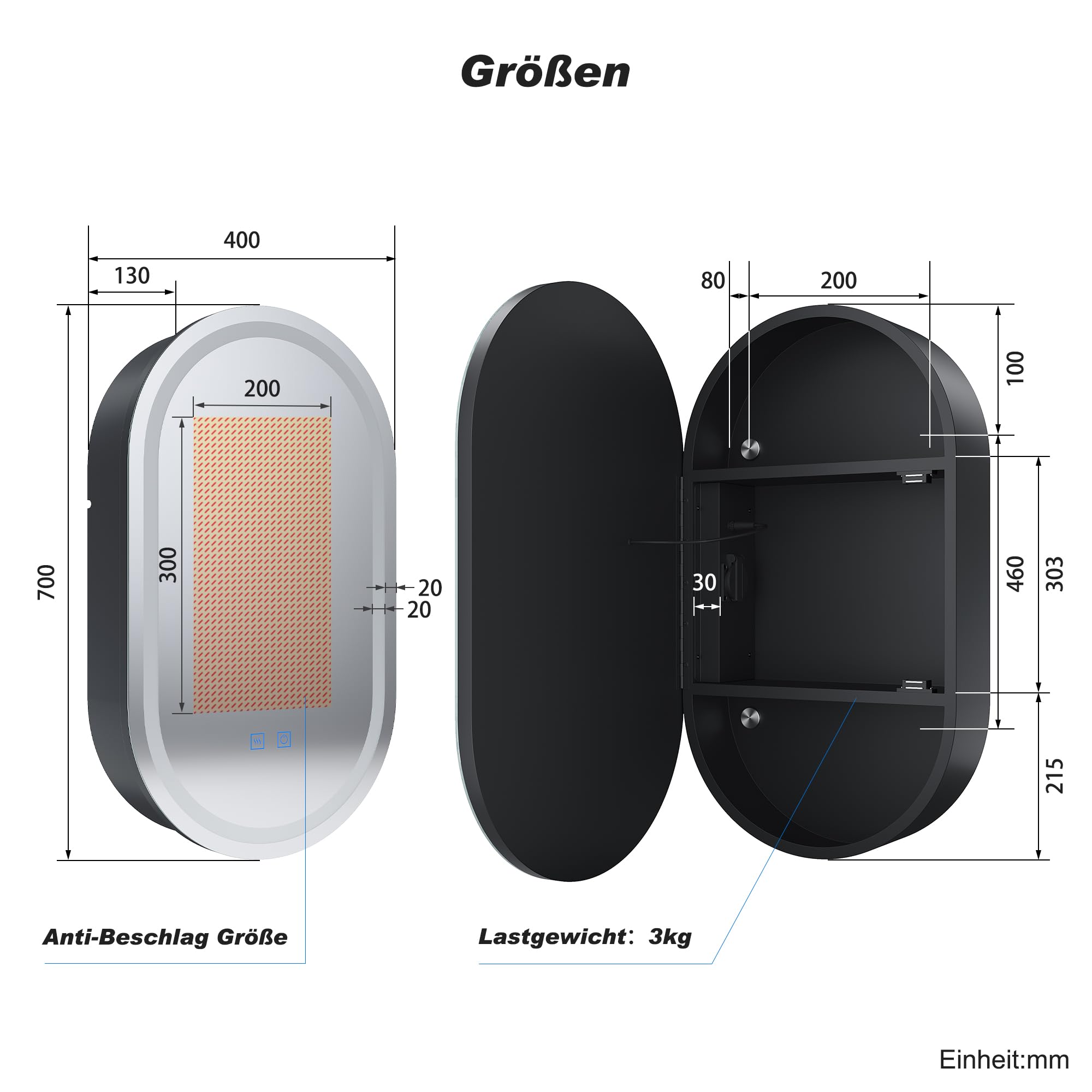 SONNI Armadietto a specchio da bagno con illuminazione e presa LED, interruttore touch, dimmabile, 3 colori luce regolabili, anti-appannamento, ovale, 40x70 cm, nero opaco