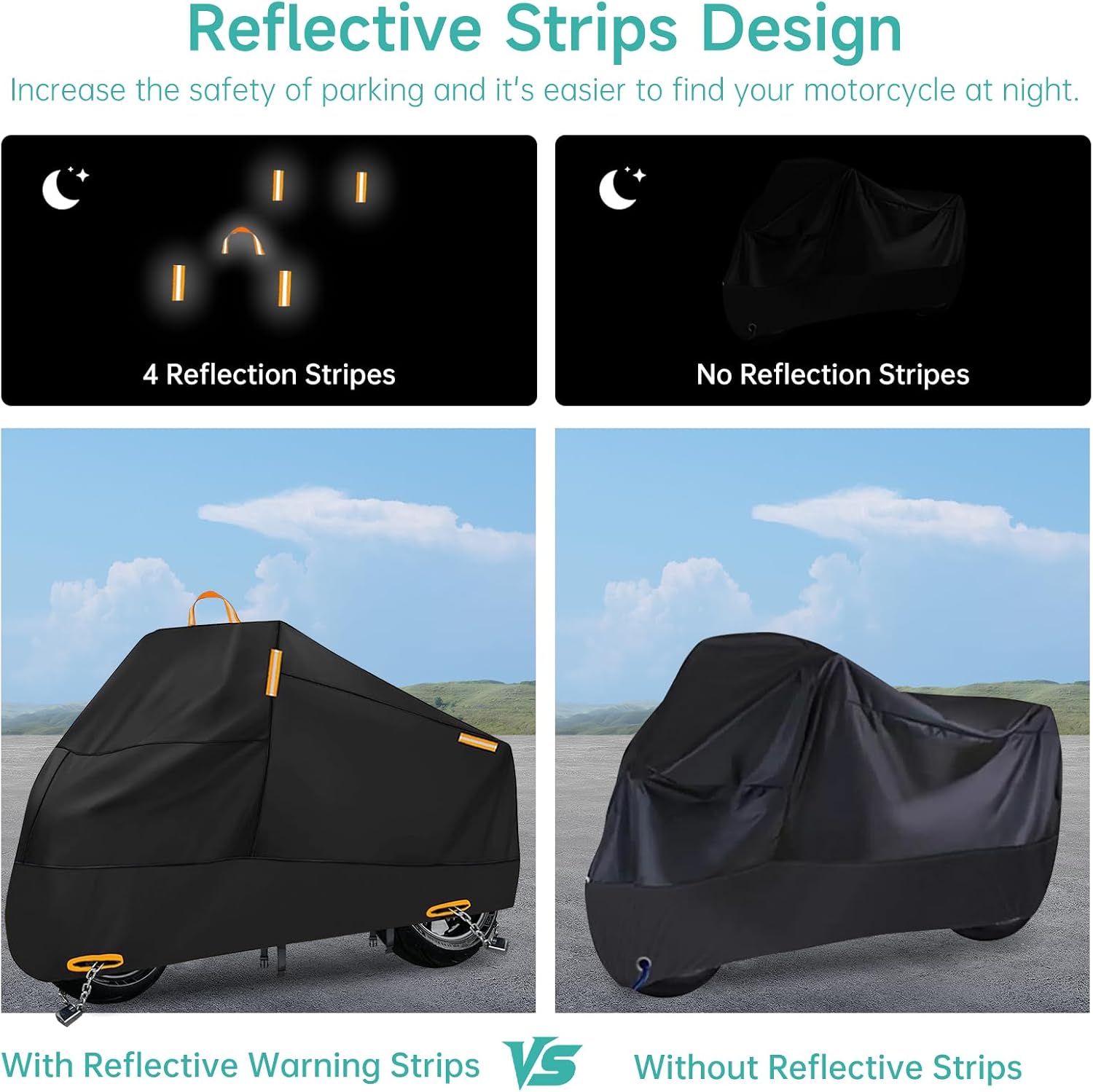 Motorcycle Cover Waterproof Outdoor Storage with Lock-Holes, Zipper Storage Bag & Night Reflective Design, All Season Protection Powersports Vehicle Covers Fits up to 96.5" Motorcycles