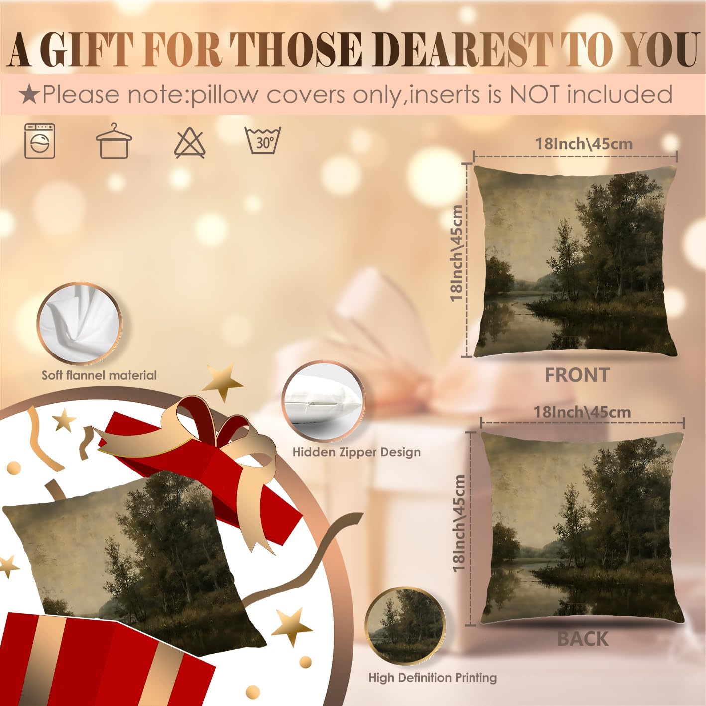 Vintage Moody River Landscape Pillow Cover 18x18 Double-Sided, Dark Cottagecore Rustic Farmhouse Antique Lakeside Decorative Throw Pillow Cover for Home Bedroom Living Room