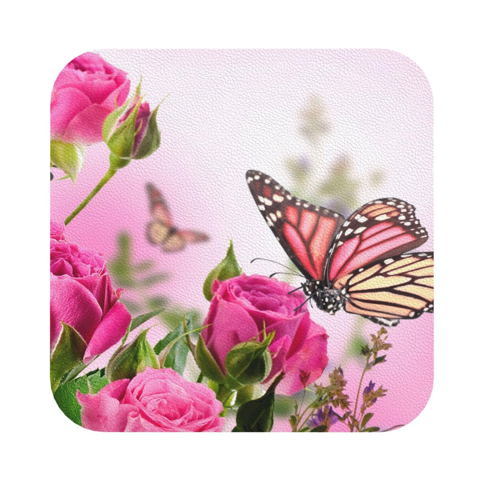 Butterfly kissing flowers PU Leather Coasters Set of 6 Square Drink Coasters