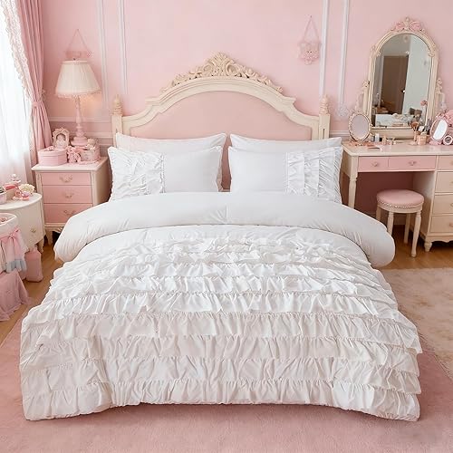 Holawakaka Juego de edredón con volantes en cascada blanca, tamaño individual, varias capas con volantes, Shabby Chic Juego de ropa de cama de 3
