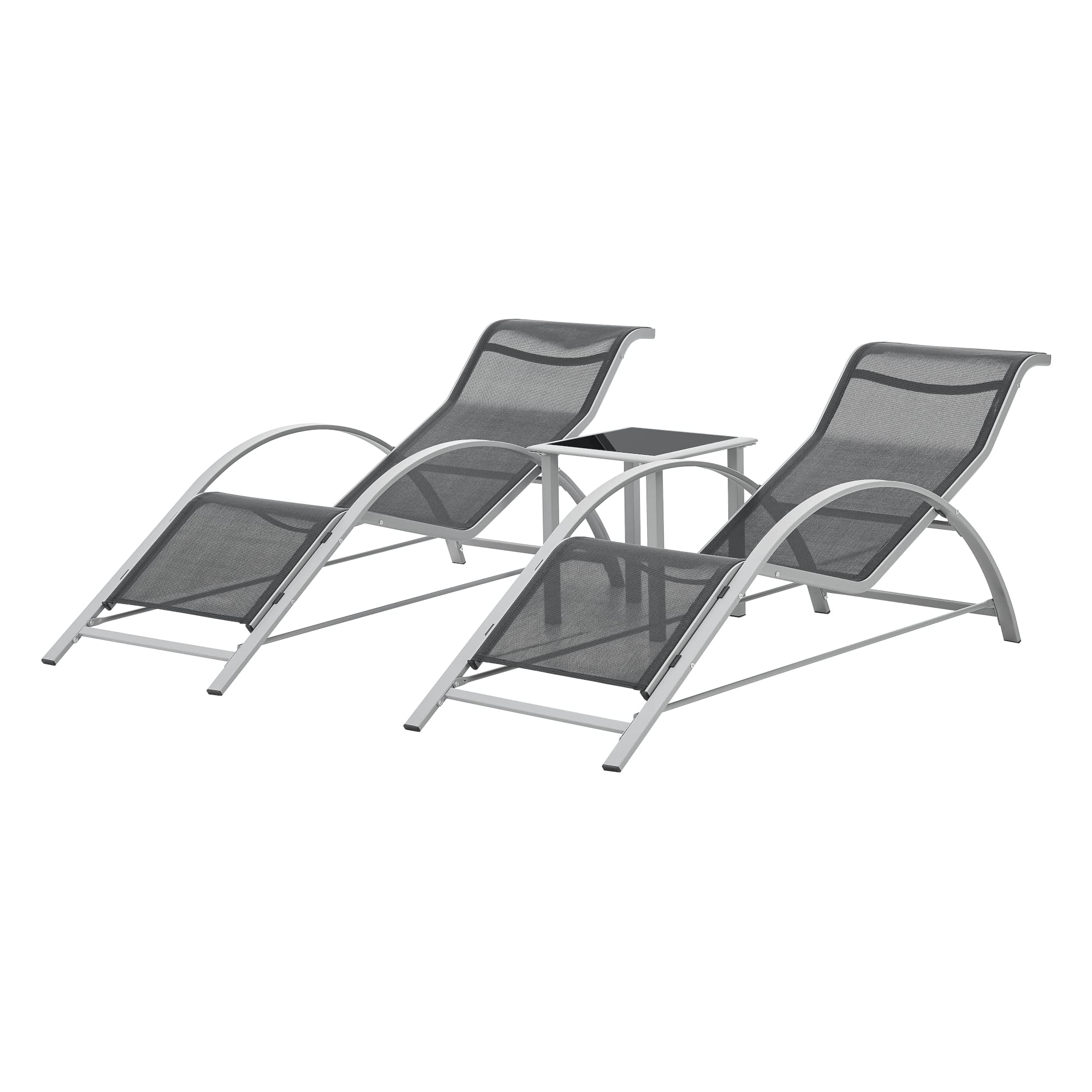 [en.casa] Juego de Muebles de Jardín Binetto Set de 2 Tumbonas con 1 Mesa Exterior Balcón Terraza Piscina Jardín Acero Vidrio - Gris Negro