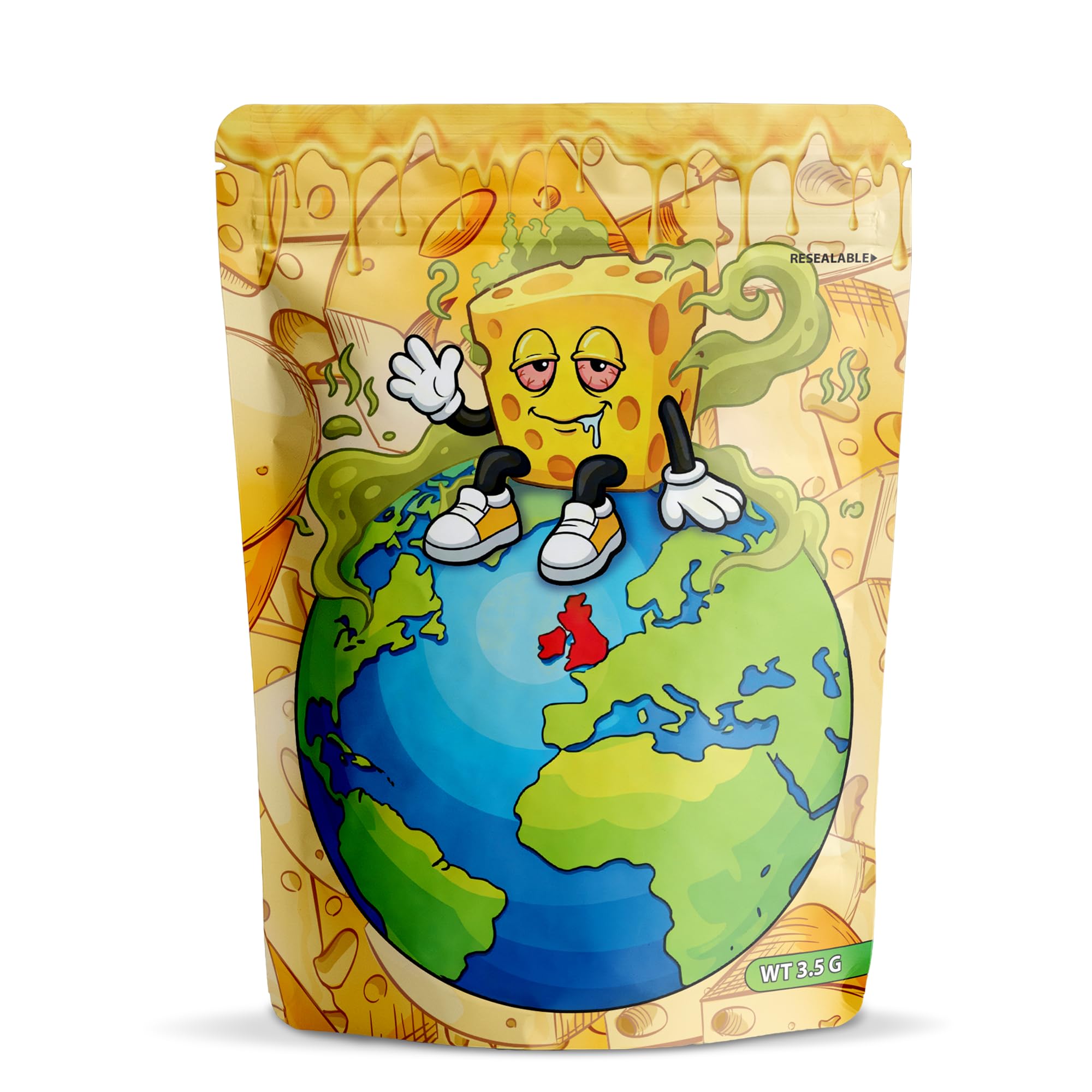 100 Pcs Cali Packs 3.5g Bag Mylar Storage Bags, Ziplock Smell Proof Pouches 12 cm x 10 cm, 3.5g Reusable Baggies for Snack, Candy Cookies Stand up pouches (Uk Cheese) — image 1