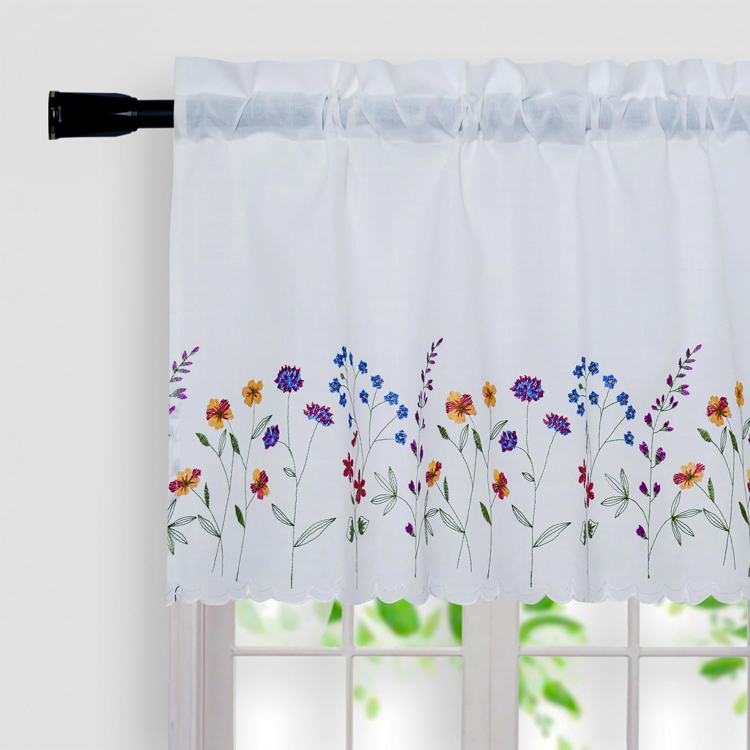 2PC PKT Floral Embroidery Curtain Valance, White Elegant Decorative Flowers Window Valances,Valances for Windows Living Room,Rod Pocket W52XL18 inch (Flowers)