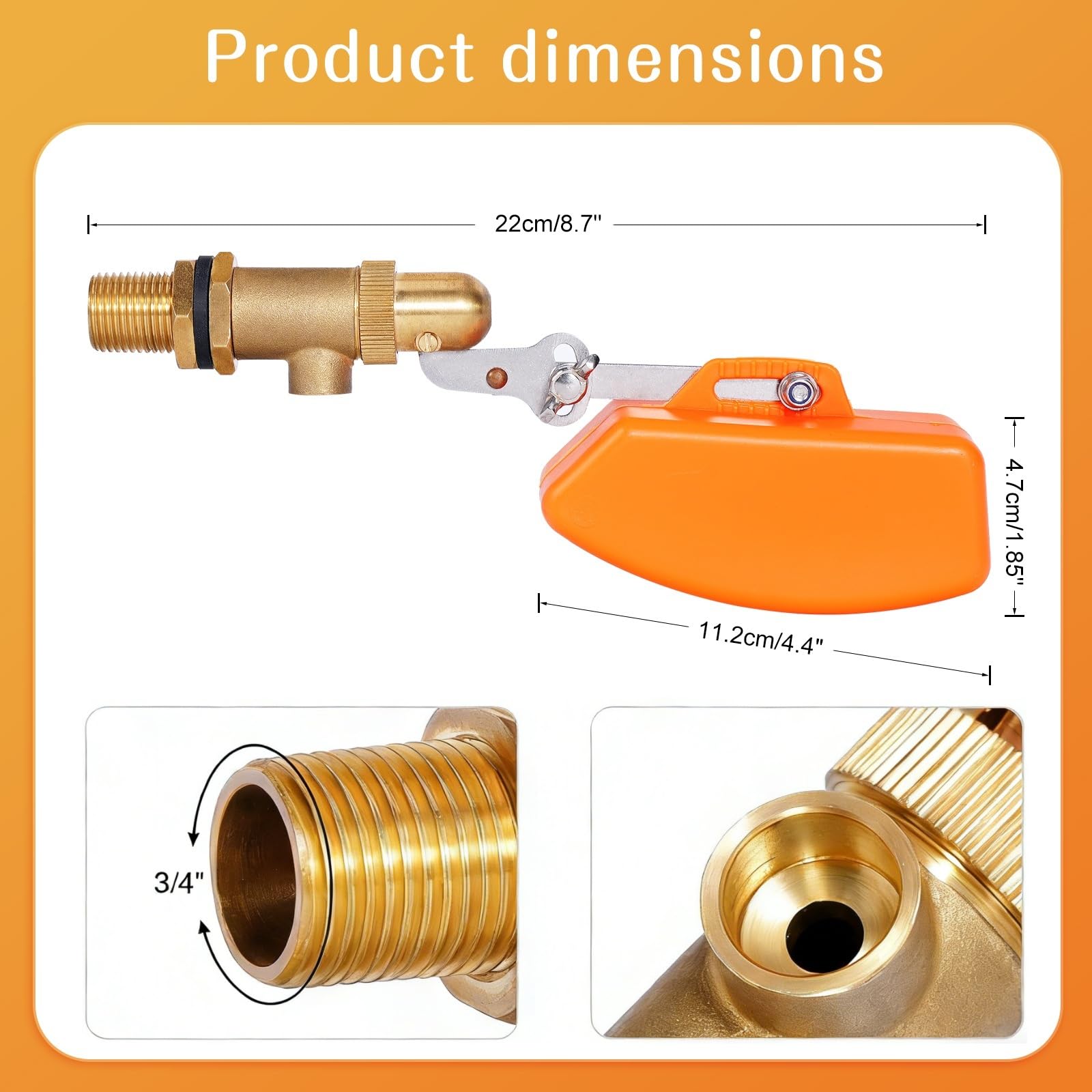 Produktbild von Messing Schwimmerventil 1/2″ – Automatischer Füllstandregler Mit Kunststoffschwimmer (orange), Für Wassertank & Pool